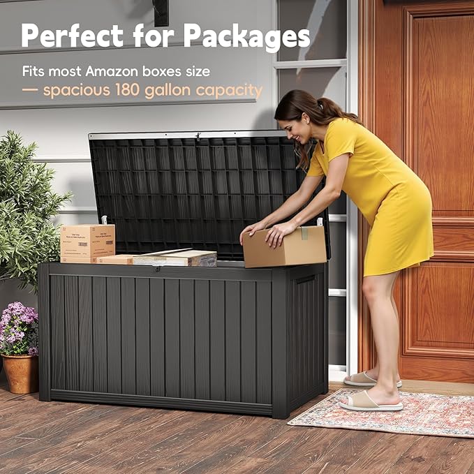 200 Gallon Outdoor Deck Box - Lockable Waterproof Storage Container, Resin Weatherproof Box for Patio Garden Furniture Pool Tools Cushions, Black