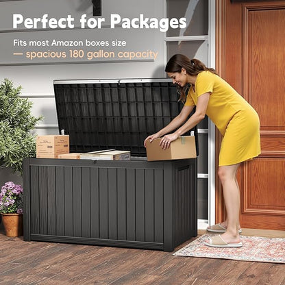 200 Gallon Outdoor Deck Box - Lockable Waterproof Storage Container, Resin Weatherproof Box for Patio Garden Furniture Pool Tools Cushions, Black
