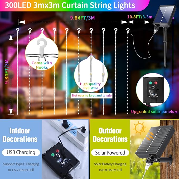Solar Curtain Lights Outdoor 10x10Ft 300LED Multicolor Warm White Dual Color Changing Curtain Light with Dimmable Waterproof Remote Timer Memory for Christmas Weddings Party Gazebo