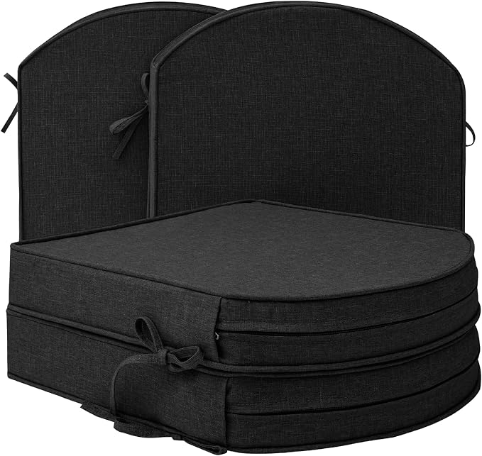 Outdoor Chair Cushions, D Shaped, Set of 4, 19 x 19 Inch, Black | Fade-Resistant, Water-Resistant, Patio Furniture Seat Chair Pads Replacement, Non-Slip Bottom with Ties, Removable Cover