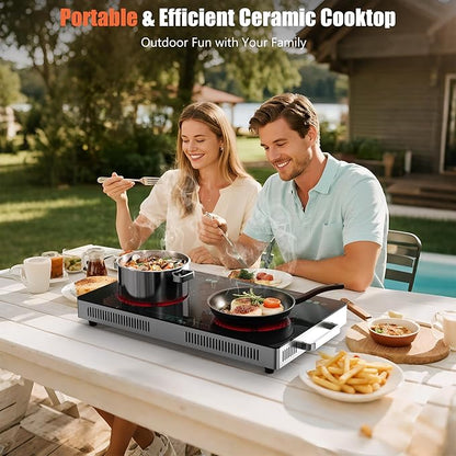 2 Burner Electric Cooktop, Two Burner Electric Stove 24 Inch, Portable Ceramic Cooktop with Handle, SensorTouch & Knob Control, Child Lock, Timer, 9 Power Levels, 110V-120V Plug in, Green