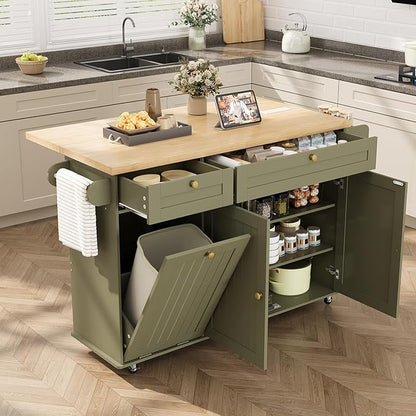ComfyCorner 60" Rolling Large Kitchen Island on Wheels with Extendable Table, Drop Leaf & Power Outlet, Mobile Kitchen Cart with Storage Cabinet, 2 Drawers, Spice Rack, Towel & Knife Holder, Green