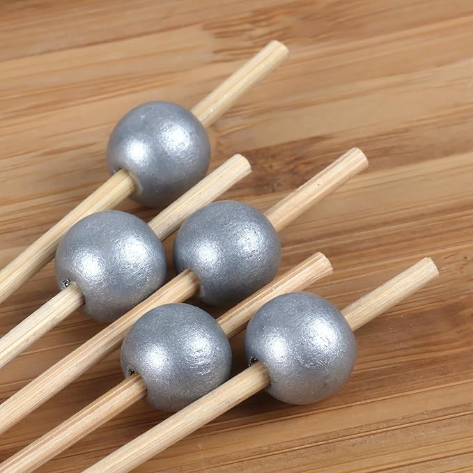 BambooMN Decorative Ball End Cocktail Fruit Sandwich Picks Skewers for Catered Events, Holiday's, Restaurants or Buffets Party Supplies - 3.9" Silver, 100 Pcs