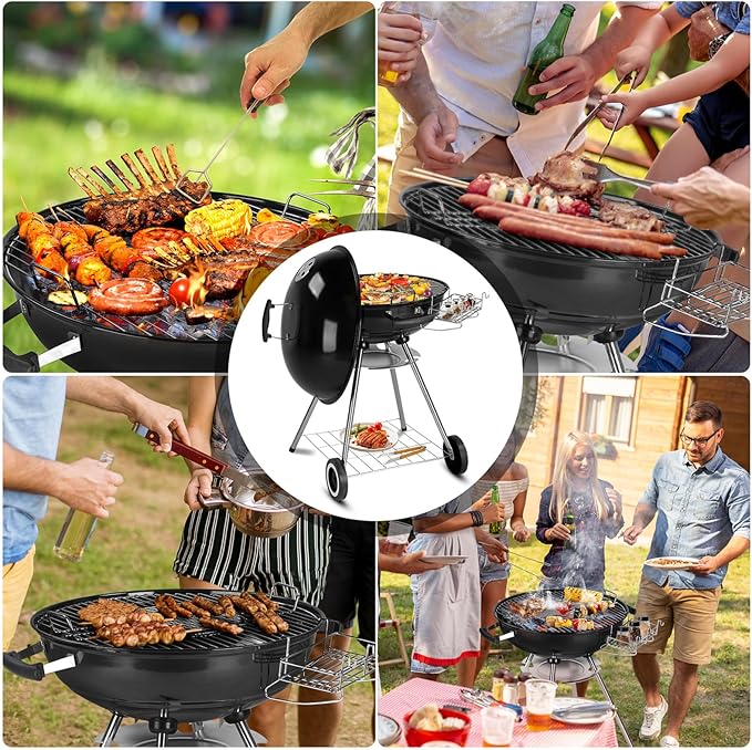 28" Portable Charcoal Grill with Wheels, Thermometer and Storage Holder, Round Barbecue Grills Steel BBQ Grill for Garden Party Picnic Hiking Travel Backyard Cooking, Asadores de Carbon (Black)