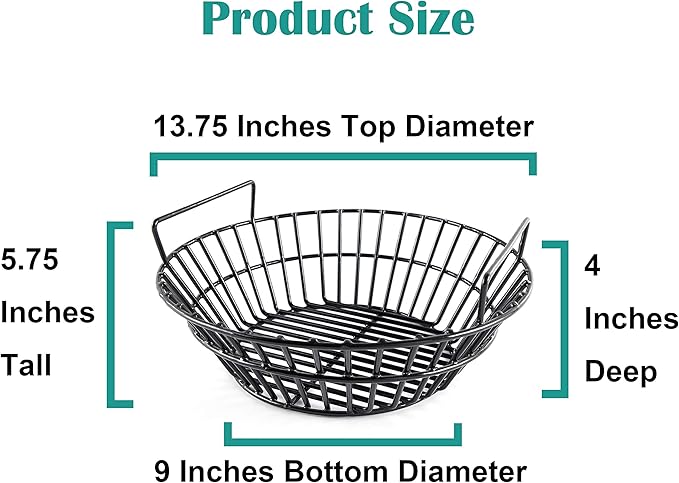 Charcoal Ash Basket for Large Big Green Egg Grill, Kamado Classic, Pit Boss, Louisiana Grills, Primo Kamado and Large Grill Dome, Heavy Duty Porcelain Steel