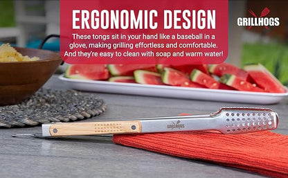 9" Tongs 18/0 Stainless Steel BBQ Grill Tongs with Ergonomic Real Oak Wood Handle for Cooking - Durable Grilling Accessory, Tongs for Cooking & Kitchen, Outdoor Barbecue, Easy to Clean