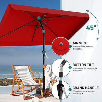 AreShark 6.5 x 10 FT Rectangular Valance Patio Umbrella, Outdoor Umbrella with Tilt and Crank, Market Table Umbrellas W/ 6 Ribs UV Protection for Garden, Deck, Backyard and Pool, Red