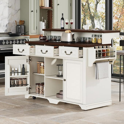 Merax 53.2" Two-Tier Kitchen Island with Storage, Farmhouse Kitchen Island with Power Outlet, 4 Door Shelves, Adjustable Shelves, 3 Drawers, Rolling Island Table, Bar Cabinet for Kitchen, Rustic White