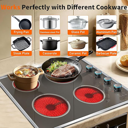 4 Burner Electric Cooktop, 24 Inch Electric Stove 6000W, 220V-240V Built-in Ceramic Stovetop with Knob Control, Child Lock, Timer Control, Residual Heat Indicator, Hard Wire(No Plug)