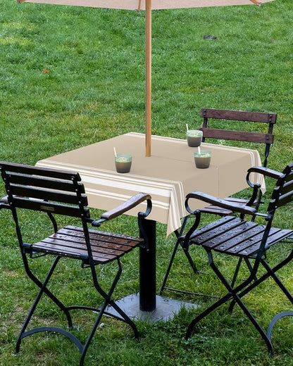QueenKer Outdoor Tablecloth with Umbrella Hole, Khaki and White Stripe Square Tables Waterproof Tabletop Collection for Patio, Garden, Picnic, Camping, Dining 54 x 54 inch