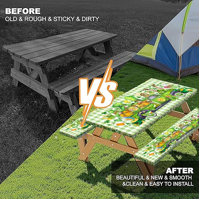 St. Patrick's Day Picnic Table Cover with Bench Covers, Camping Essentials, Plaid Truck Gnomes Clover Outdoor Table Covers, Waterproof, Fitted Tablecloth Cover with Elastic Edge, 3 PCS, 30x72 Inch