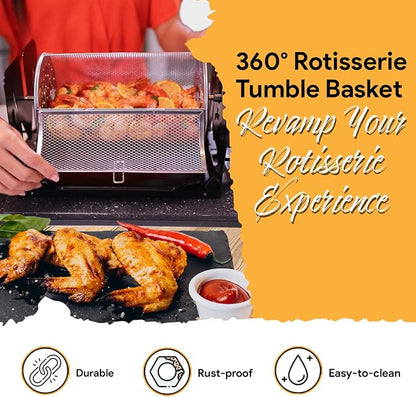 ROTO-Q 360 Cordless Rotisserie Kit w/Tumble Basket - Stainless Steel, Non-Electric - For Grills, Ovens, Smokers - Gas/Charcoal BBQ, Kamado Joe, Green Egg, Kettle - Indoor/Outdoor Use