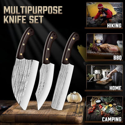 TIJERAS Butcher Knife Set, 3PCS Hand Forged Chef Knife Set, Serbian Chef Knife & Meat Cleaver Knife & Nakiri Knife, BBQ Knife Set for Meat Cutting, Japanese Men Camping Knife Set for Cooking