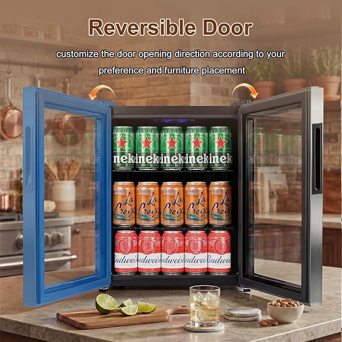 FoMup Mini Fridge 50 Can, Small Beverage Refrigerator with Reversible Glass Door, Countertop Drink Cooler with Temperature Control, Compact Beer Soda Fridge for Office Dorm Kitchen, Stainless Steel