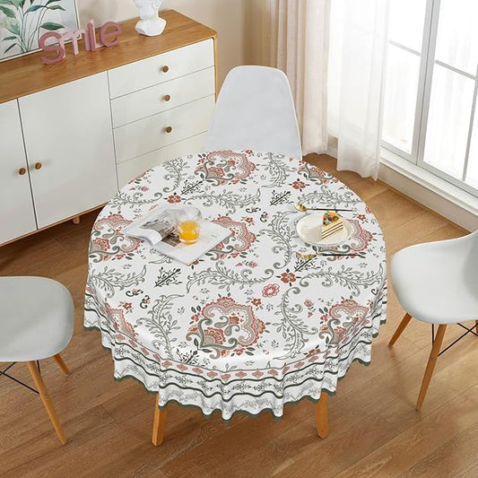 Rustic Floral Tablecloth 60x60 Inch Round Green Pink Flower Boho Spring Wrinkle Resistant Table Cloth Washable Seasonal Retro Circle Table Cover for Home Restaurant Picnic Camping 60x60 Inch