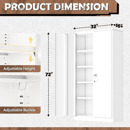 INTERGREAT Metal Lockable Storage Cabinet, 72” H Storage Cabinets with 2 Doors and 4 Adjustable Shelves for Office, Home, Garage, Pantry (Assembly Required, White)