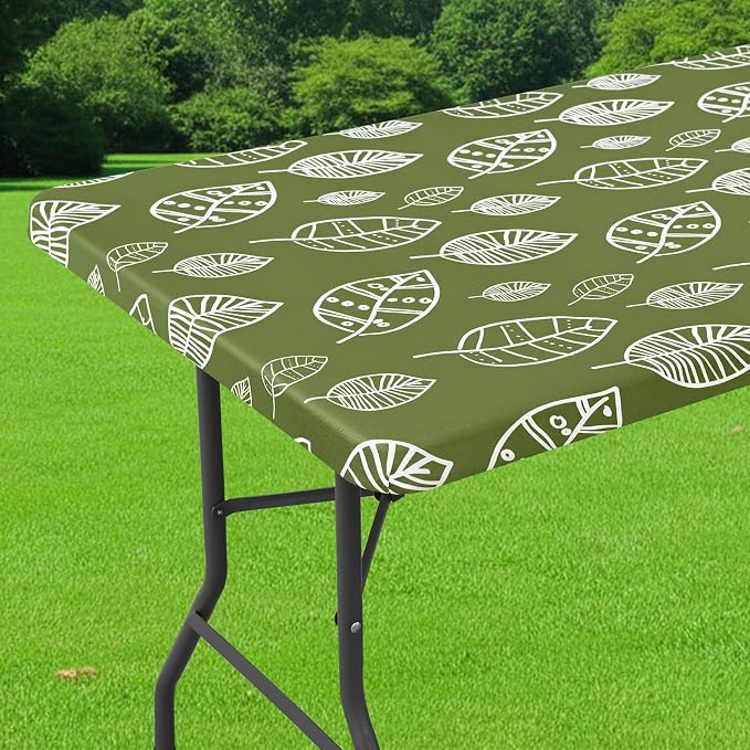 Smiry Spandex Fitted Tablecloth for 4 Foot Rectangle Tables, Washable Picnic Table Cover with Elastic, Stretch Reusable Table Cloth for Outdoor, Camping, Dining & Kitchen (Line Leaf, 30"x48")
