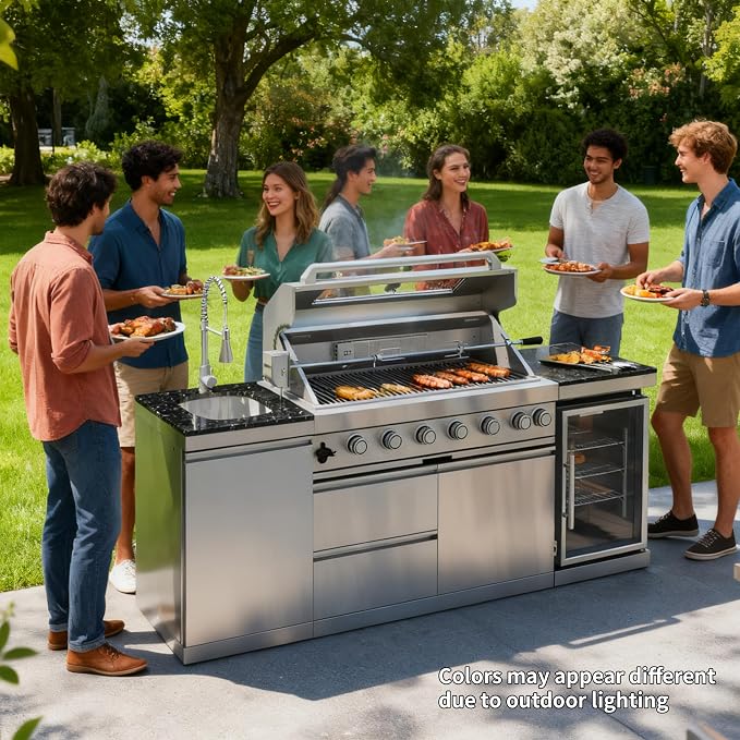 BBQ Island Outdoor Kitchen Kits 6-Burner 85000 BTU Stainless Steel Modular 82 Inch Natural Gas Outdoor Kitchen Bar Barbecue Island Grill with Refrigerator and Sink for Patio Backyard