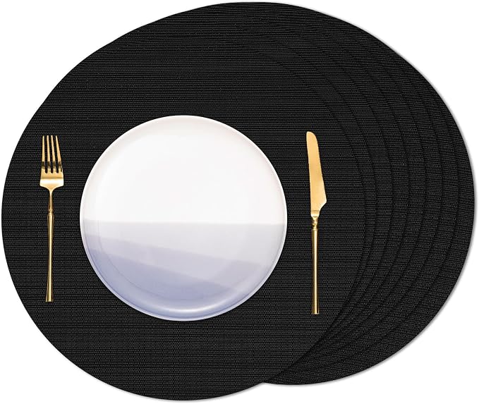 15 Inch Round Placemats Set of 8, Washable Vinyl Woven Place Mats | Heat Resistant Non-Slip Braided Table Mats for Dining Table Kitchen Indoor & Outdoor Use (Black, Set of 8)
