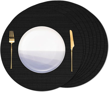 15 Inch Round Placemats Set of 8, Washable Vinyl Woven Place Mats | Heat Resistant Non-Slip Braided Table Mats for Dining Table Kitchen Indoor & Outdoor Use (Black, Set of 8)