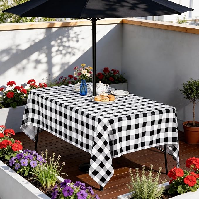 Poise3EHome Rectangle Outdoor Tablecloth with Umbrella Hole and Zipper,Black and White Gingham 84x60 Inch,SpillProof Washable Table Cloth for Spring Summer Patio Garden Poolside Picnic Camping BBQS