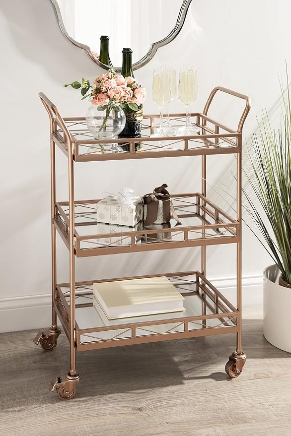 Kate and Laurel Ketia Glam Metal Bar Cart; 23 x 13 x 34; Rose Gold; Glamorous Three Tier Gold Bar Cart for Display and Storage