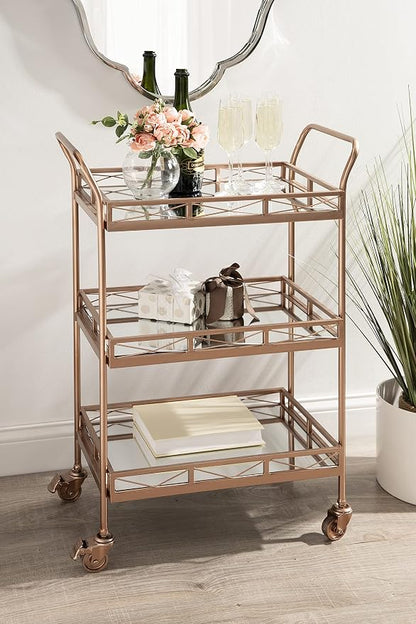 Kate and Laurel Ketia Glam Metal Bar Cart; 23 x 13 x 34; Rose Gold; Glamorous Three Tier Gold Bar Cart for Display and Storage