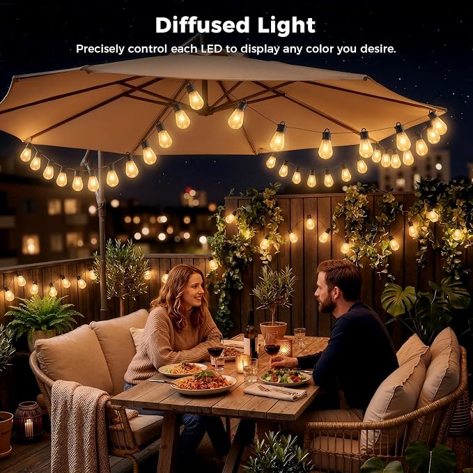 CDN Outdoor Smart RGBW String Light, LED Bulbs, 80Ft Patio Lights Waterproof IP65, App Control, Dimmable Warm White, 111 Scene Modes, Compatible with Alexa