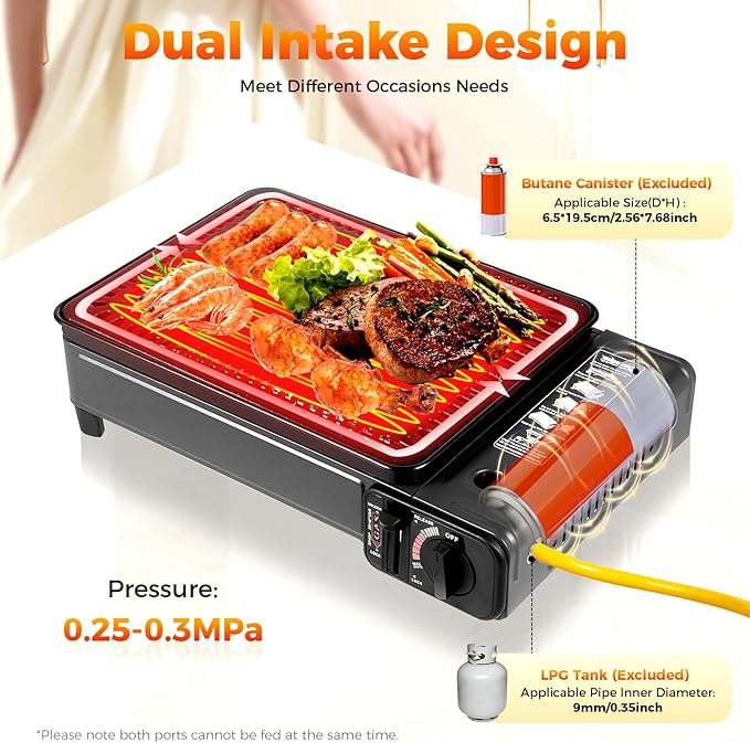 Portable Butane Stove Compact Gas-Grill Stove with Grilling Net & Storage Case, 0.25-0.3MPa Tabletop BBQ for Camping, Outdoor Cooker, Home
