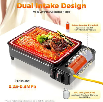 Portable Butane Stove Compact Gas-Grill Stove with Grilling Net & Storage Case, 0.25-0.3MPa Tabletop BBQ for Camping, Outdoor Cooker, Home