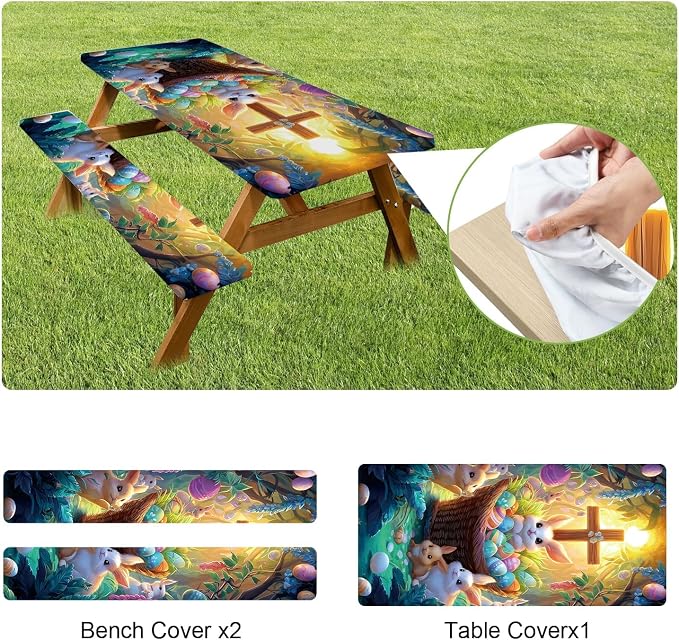 Picnic Table Cover with Bench Covers 72in,Waterproof Windproof Fitted Tablecloth,Easter Bunny with Cross Design for Easter,Camping Essentials with Drawstring Bag for Patio,Park & Backyard