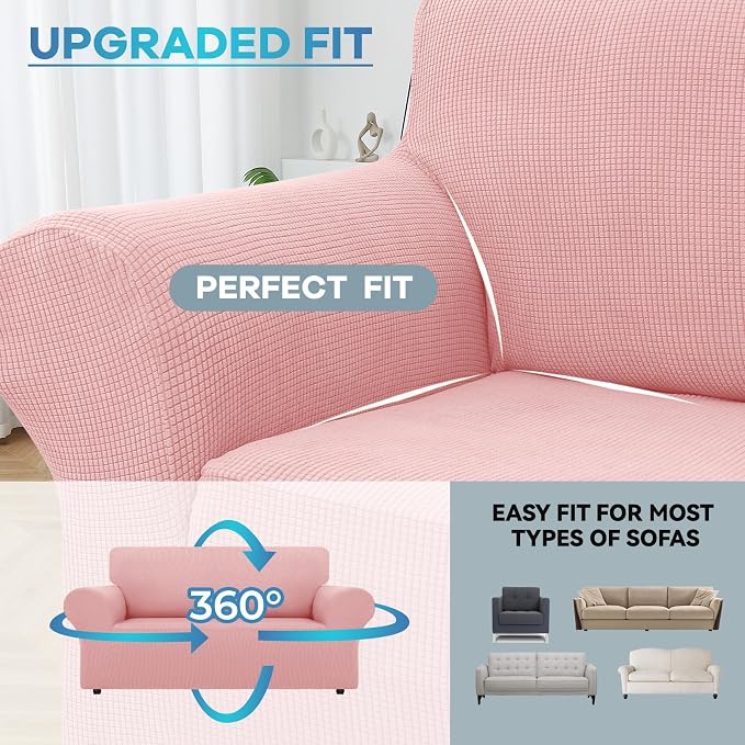 LURKA Stretch Loveseat Couch Cover, 1 Piece 2 Cushion Sofa Slipcover, Pink | Soft Stretch Jacquard, Fits 55"-78" Loveseats, Elastic Bottom for Secure Fit, Machine Washable, Pet & Kid Friendly