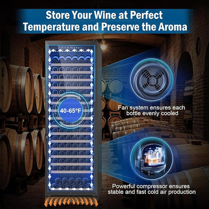 FoMup 24" 190-Bottle Wine Cooler Refrigerator, Freestanding or Built-in | Sliding rail shelves, low noise professional grade, black finish, temperature range 40-65°F, Glass door, digital display