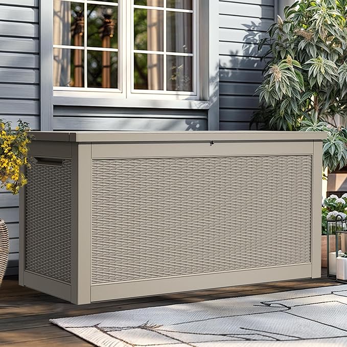 YITAHOME XXL 320 Gal Large Deck Box, Outdoor Resin Storage Box, Rattan Storage Container for Patio Furniture, Garden Tools, Waterproof, Lockable (Brown)