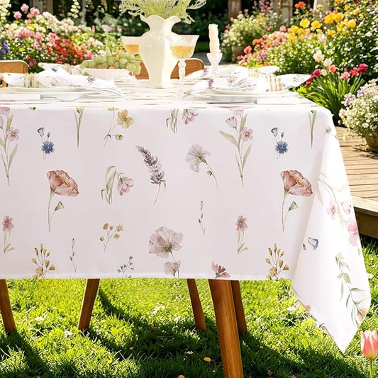 SASTYBALE Spring Summer Floral Tablecloth 60x120 Inch Rectangle | Watercolor Wildflower, Wrinkle-Free, Washable, Stain Resistant Table Cloth for Kitchen, Dining, Farmhouse, Holiday Decor