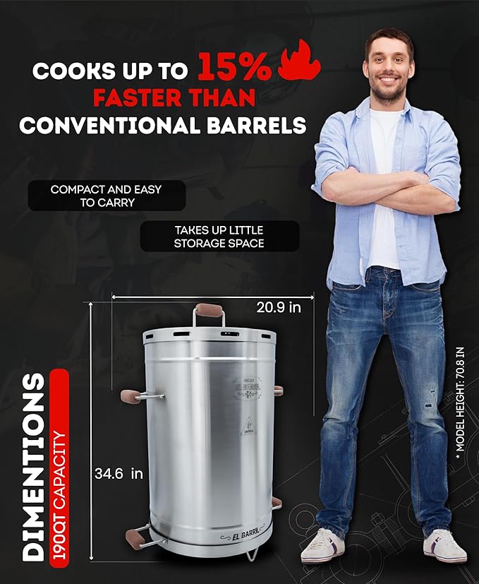 EL BARRIL 60LBS Lite Large Barrel Smoker Grill – Juicy, Even BBQ Every Time, 430 Stainless Steel, Vertical Charcoal Barrel Grill and Rust-Resistant Design, Perfect for Family, Parties & Outdoor