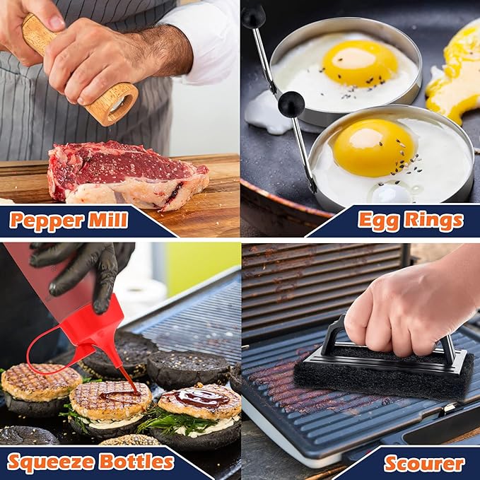 Griddle Accessories Kit, Joyfair 18Pcs Flat Top Grill Accessories for Blackstone, Stainless Steel Hibachi Griddle Tool Set with Spatula, Basting Cover Burger Press for Outdoor BBQ (ABS Handles)