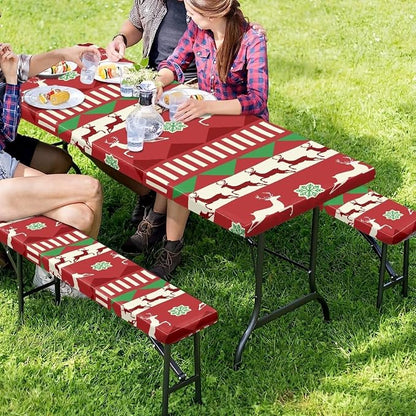 Xmas Table Cloth with Bench Covers 3 PCS for Outdoor Christmas Reindeers Camping Accessories Fitted Outdoor Tablecloth