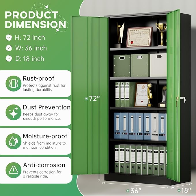 INTERGREAT Metal Storage Cabinet with Lock, 72" Steel Lockable Storage Cabinet with Locking Doors and Adjustable Shelves, Locking Tool Cabinets for Office, Home, Garage, Gym, School (Black Green)