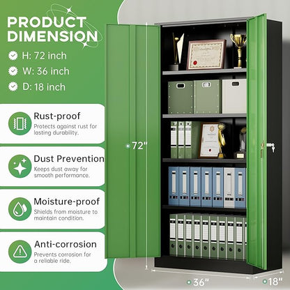 INTERGREAT Metal Storage Cabinet with Lock, 72" Steel Lockable Storage Cabinet with Locking Doors and Adjustable Shelves, Locking Tool Cabinets for Office, Home, Garage, Gym, School (Black Green)