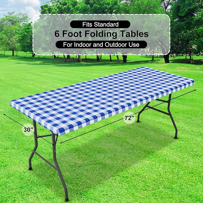 Buffalo Rectangle Picnic Tablecloth, 6 Foot Elastic Fitted Vinyl Table Cloth with Flannel Backing, Waterproof Plaid Table Covers for Dining, Camping, Outdoor (Blue and White, 30" x 72")