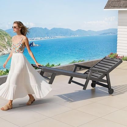 Garvee Lounge Chair Outdoor Set of 2 with Wheels & 5-Position Adjustable Backrest, Oversized Chaise Lounge with 2 Move Handle, HDPE Lounge Chair w/Detachable Cup Holder, for Patio, Pool,Dark Gray
