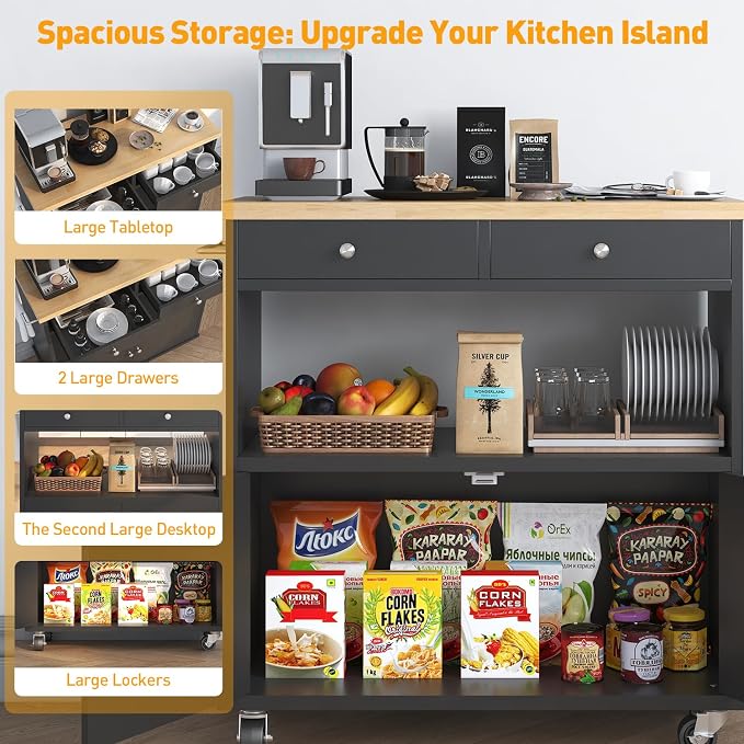 knoworld Rolling Kitchen Island with Storage Cabinet, 35.4'' Width Kitchen Cart, 2 Drawers Island Table, Portable Mobile Kitchen Island with Towel Rack, Wood Top and Lockable Wheels, Black