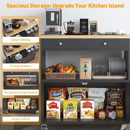 knoworld Rolling Kitchen Island with Storage Cabinet, 35.4'' Width Kitchen Cart, 2 Drawers Island Table, Portable Mobile Kitchen Island with Towel Rack, Wood Top and Lockable Wheels, Black