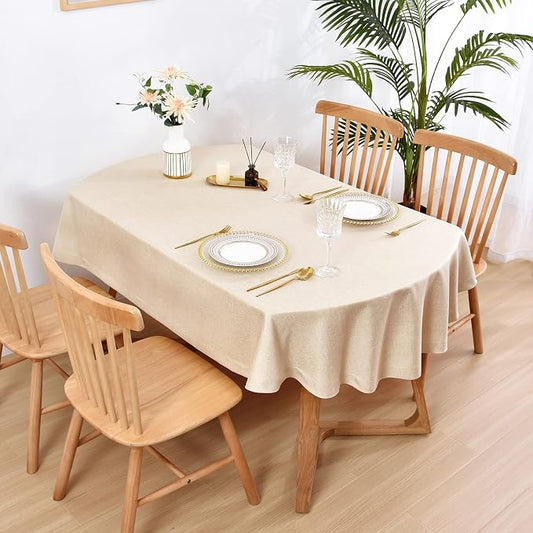 Wolkemer Faux Linen Small Oval Tablecloth Heavy Duty Wrinkle Resistant Fabric Table Cloths 52 x 70 Inch Beige Farmhouse Rustic Table Cover for Kitchen Dining Indoor Outdoor Tabletop Decoration