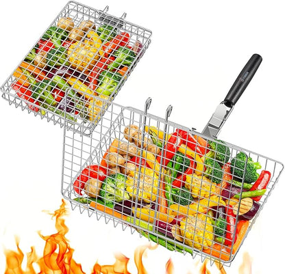 Nesting Grill Baskets, 2PCS Grilling Baskets for Outdoor with Removable Handle, Stainless Steel BBQ Camping Cooking Accessories Tools for Meat Steak Fish Vegetable Shrimp, Gifts for Men Dad Husband