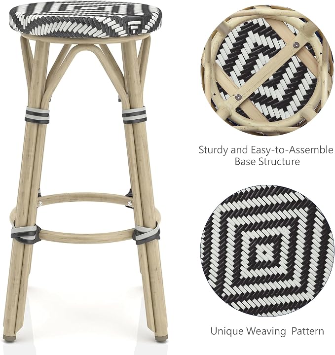 Seadrift Boho 26-inch Aluminum and All-Weather Wicker Barstools with Footrest, Patio Stools & Bar Chairs for Outdoor, Kitchen Counter, Poolside, Yard, Set of 2, Dark Brown and Beige