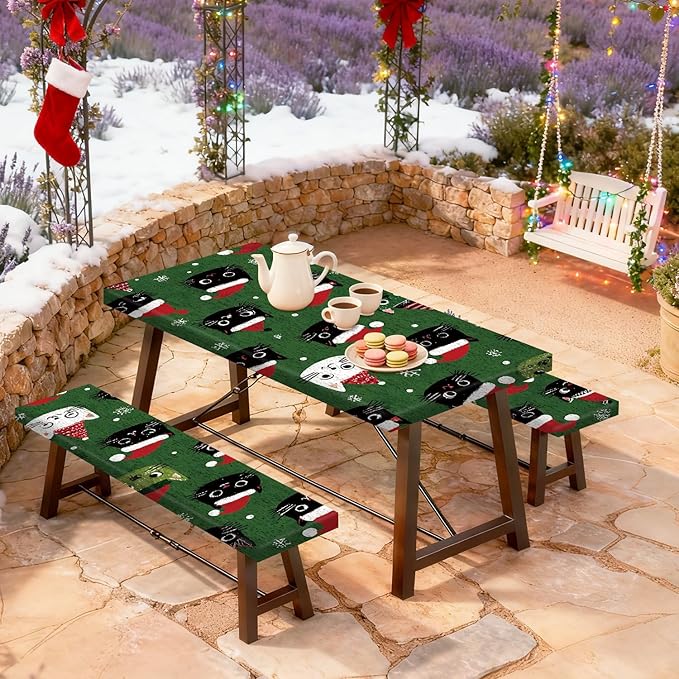 Christmas Picnic Table cover with Bench Cover, Outdoor Picnic Table Elastic Tablecloth, Christmas Hat Green Cat Design, Camping, Barbecue and Holiday Party Tablecloth