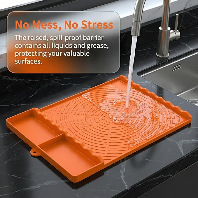 Silicone Grill Mat Compatible with Blackstone,Heat Resistant,16 x 11.5 Inches,Three-Zone Design with Storage Compartment, Dishwasher Safe (Orange)