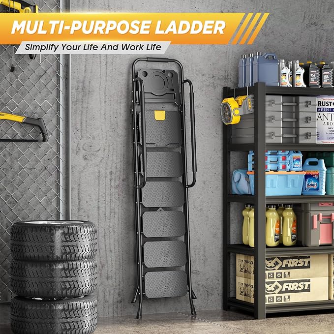 KINGRACK Step Ladder, Sturdy Steel Step Stool with Anti-Slip Wide Pedals, Handrail, Safe-Lock Design, 800lbs Folding Portable Ladder for Multi-Purpose, Home, Kitchen (6-Step with Tool Platform)